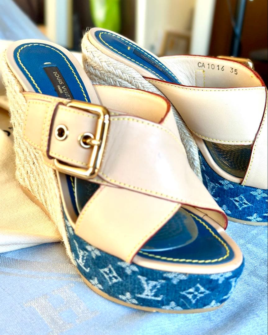 《正規品》ルイヴィトン ウエッジサンダル デニム　モノグラム 35 本物
