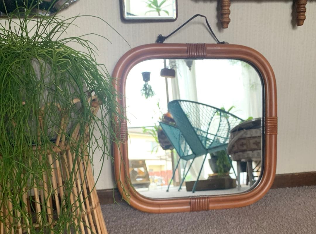 木製フレーム スクエアミラー 壁掛け用　ラタン　籐　ミラー　鏡　四角　正方形