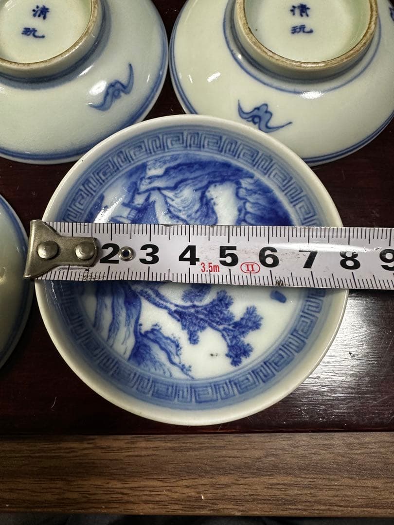 青白磁 風景画 陶器皿 茶碗　5客セット