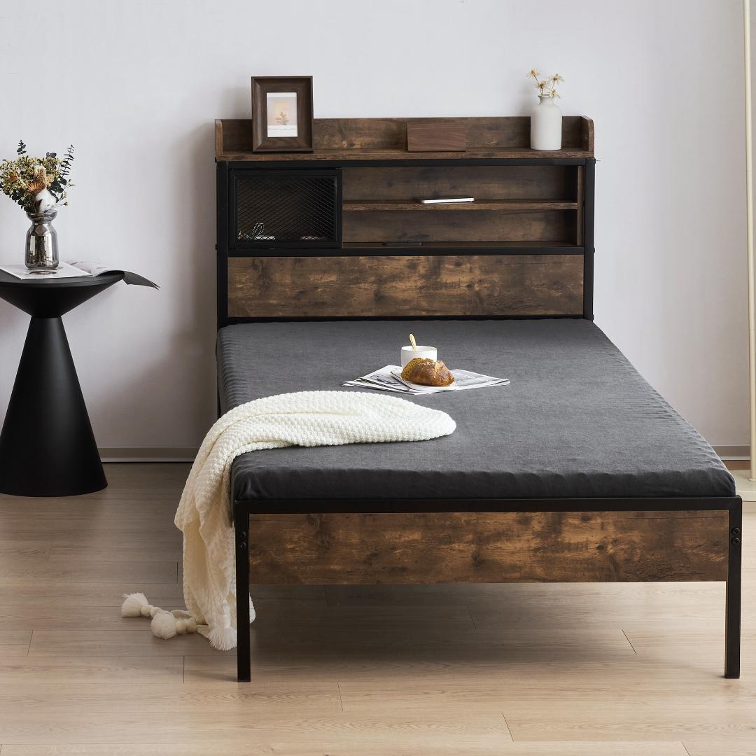 【新品】コンセント付き木製ベッド Sシングル 下収納 北欧風