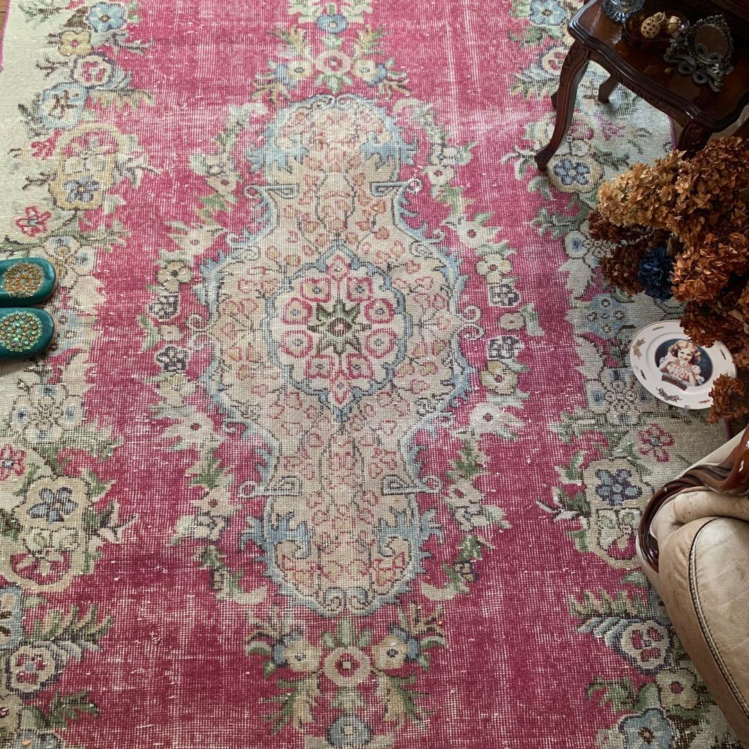 超大判　ローズピンク　259×150 トルコヴィンテージラグ　ボタニカル
