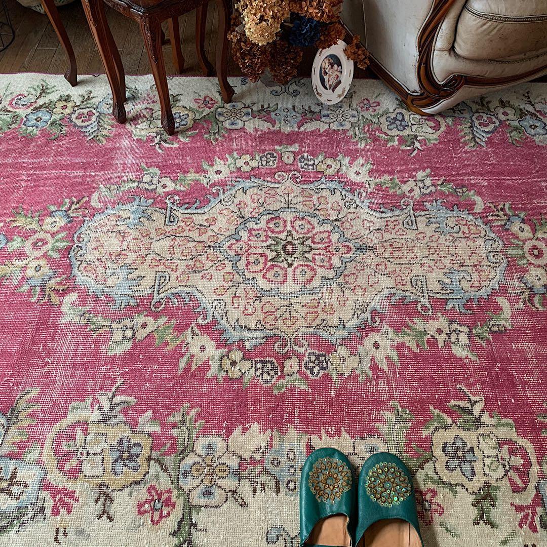 超大判　ローズピンク　259×150 トルコヴィンテージラグ　ボタニカル