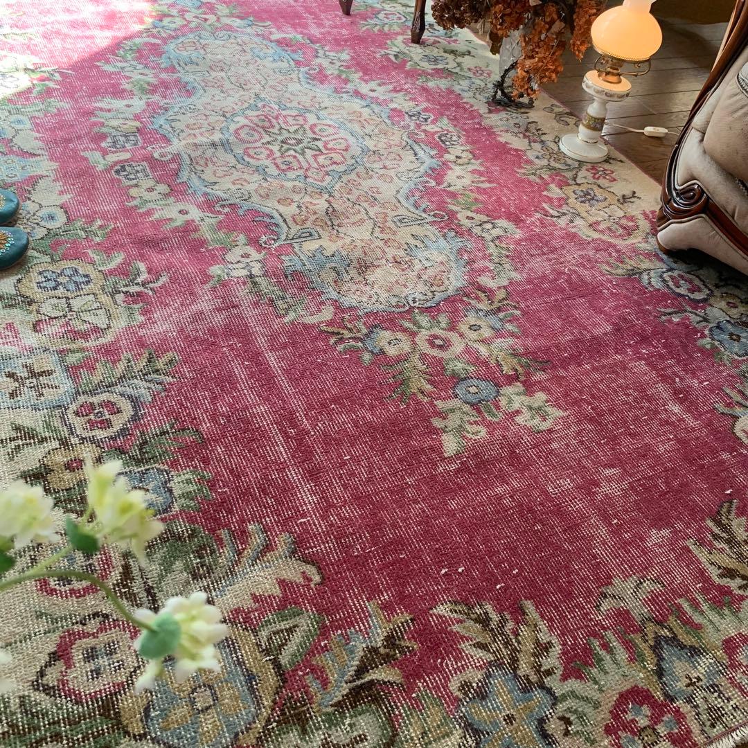 超大判　ローズピンク　259×150 トルコヴィンテージラグ　ボタニカル