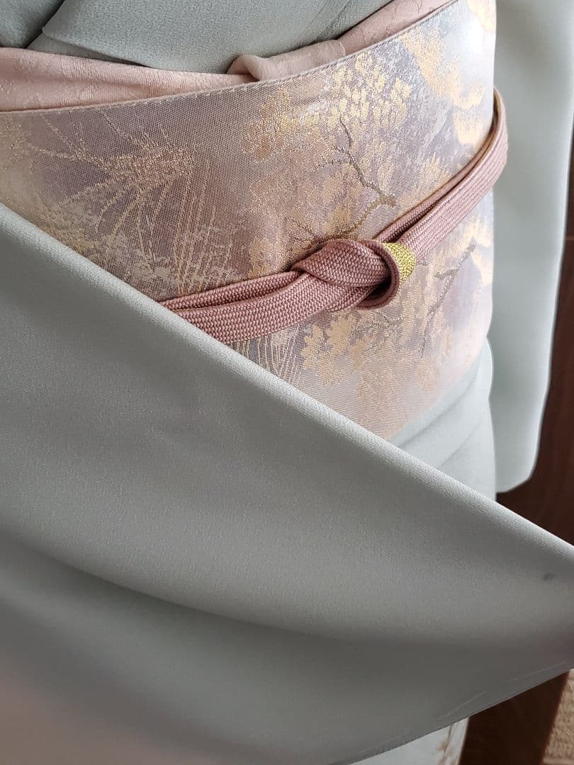 【着物・帯セット＊】水色の訪問着　スワトウ刺繍　盛り金　白金色の袋帯