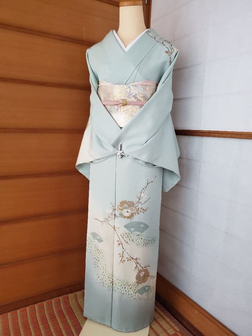 【着物・帯セット＊】水色の訪問着　スワトウ刺繍　盛り金　白金色の袋帯