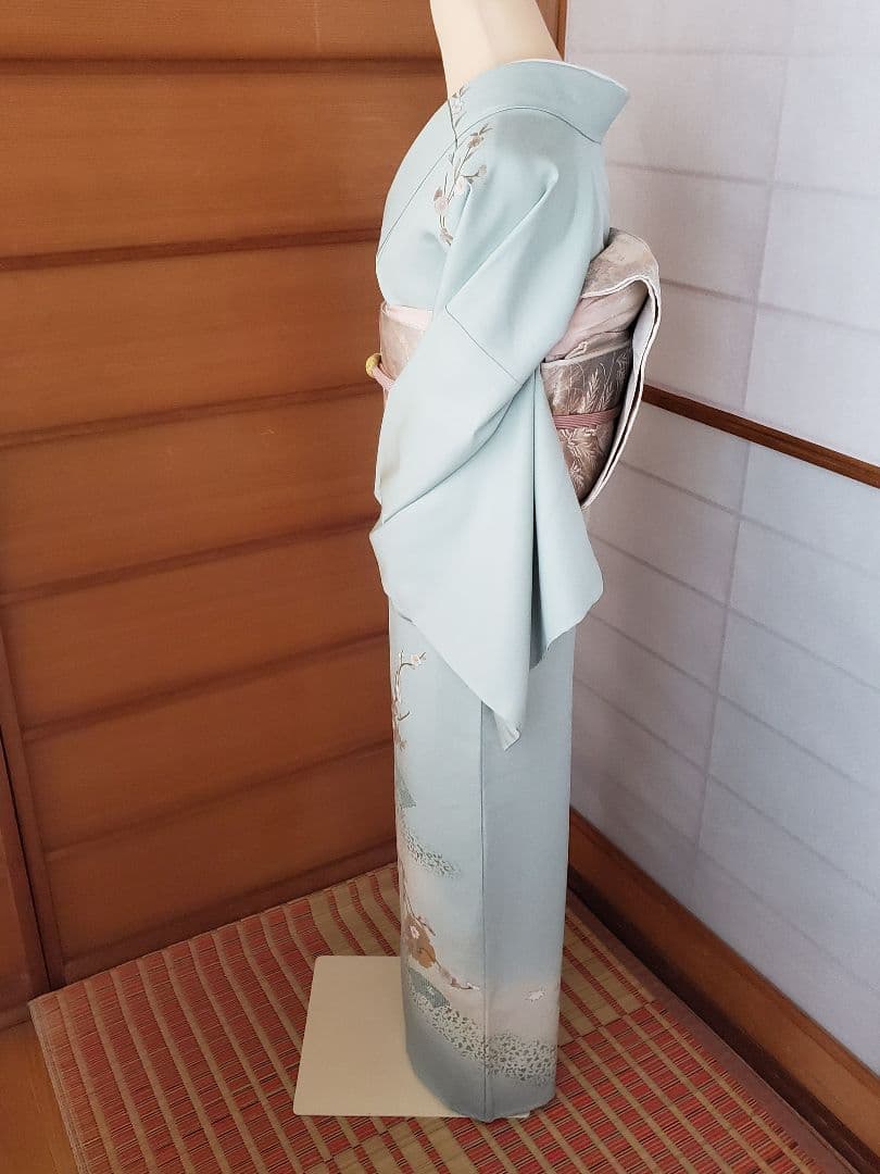 【着物・帯セット＊】水色の訪問着　スワトウ刺繍　盛り金　白金色の袋帯