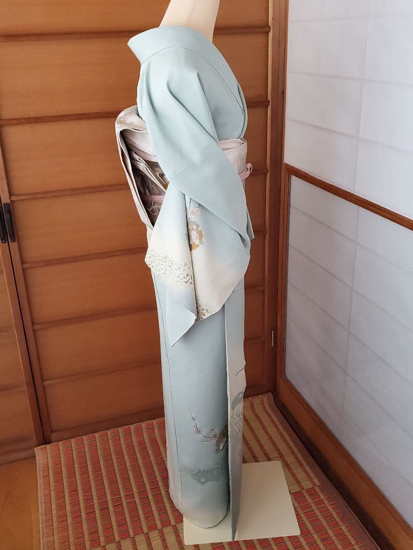 【着物・帯セット＊】水色の訪問着　スワトウ刺繍　盛り金　白金色の袋帯