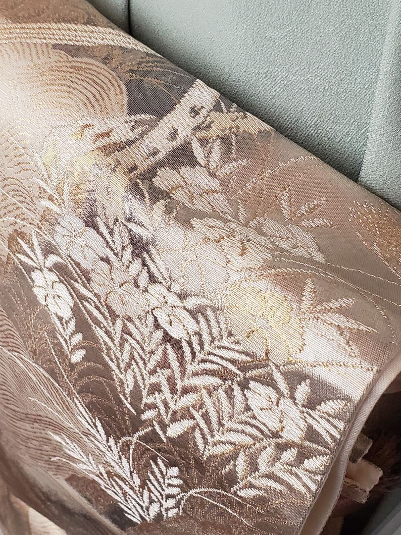 【着物・帯セット＊】水色の訪問着　スワトウ刺繍　盛り金　白金色の袋帯