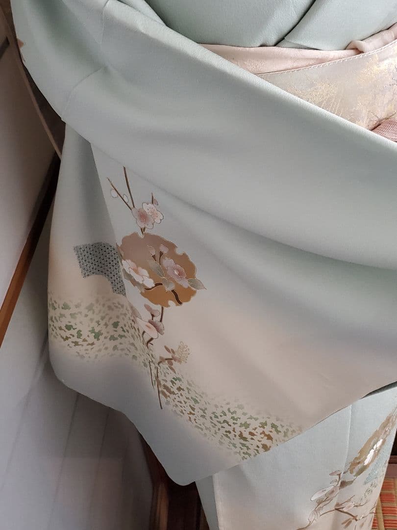 【着物・帯セット＊】水色の訪問着　スワトウ刺繍　盛り金　白金色の袋帯