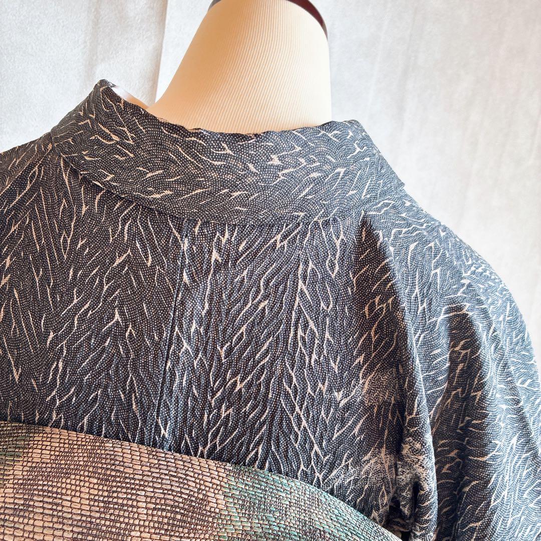 〈長襦袢➕〉訪問着　フルセット　着物　正絹　保津川下り　渋　パールトーン　J8