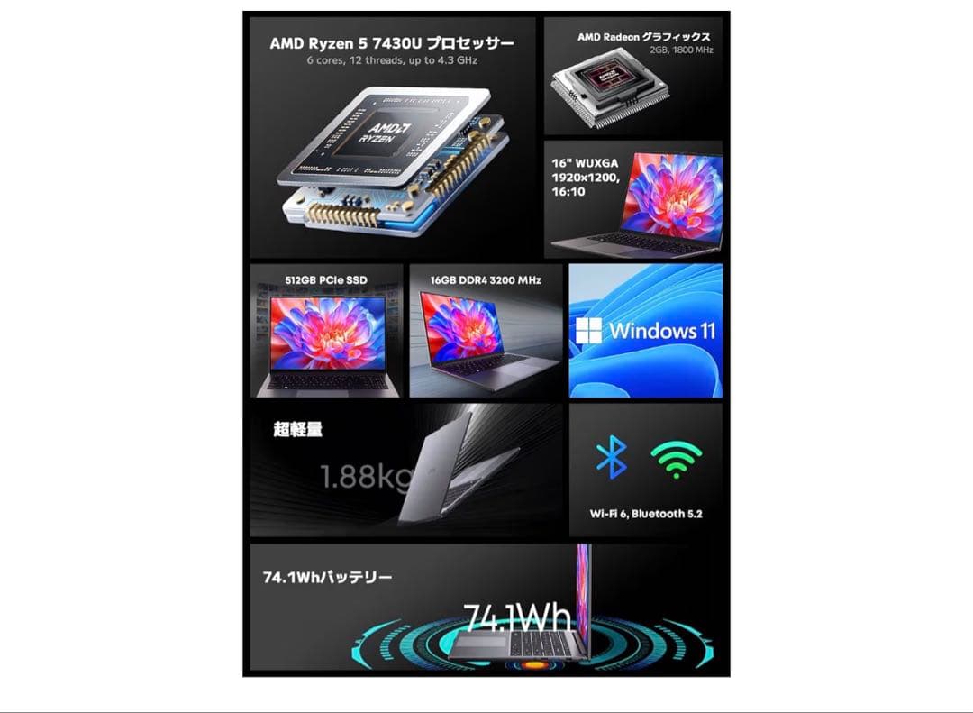 AMD Ryzen 5 7430U 16インチノートPC