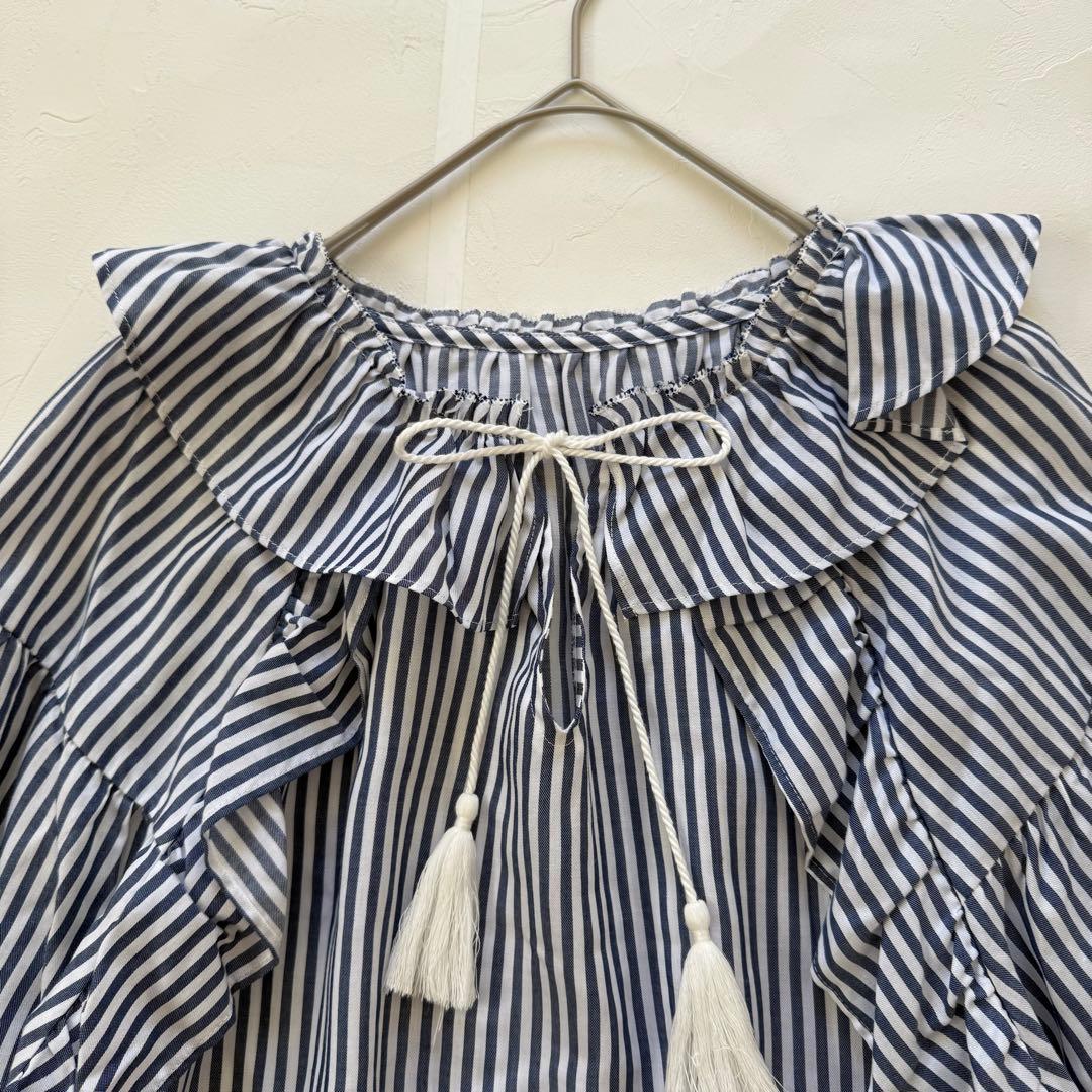 ダイアグラム　カフタンブラウス　タッセル付き　フリル　ストライプ　柔らか