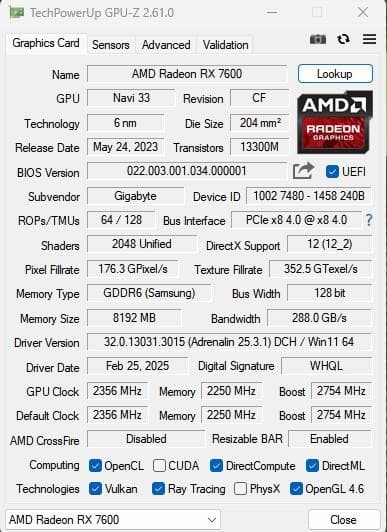 グラフィックボード・グラボ・ビデオカード GIGABYTE Radeon RX7600