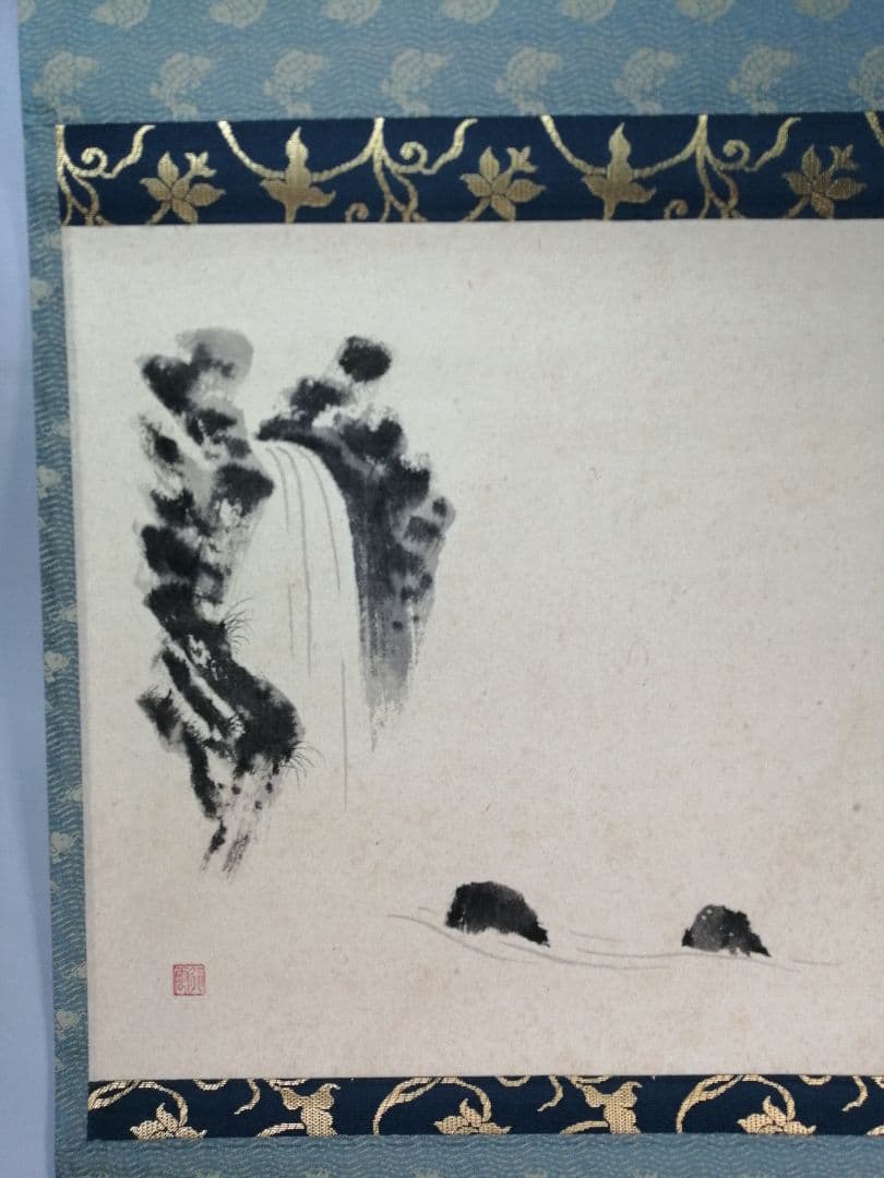 【茶道具】前大徳寺　西垣大道和尚筆　滝画賛「清音」掛軸　B924