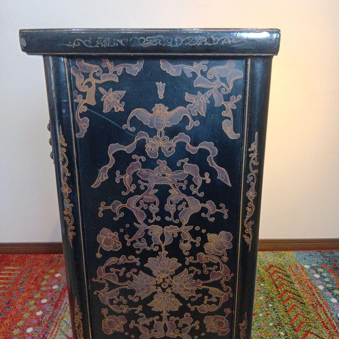 時代物　中国家具　玉入漆金彩キャビネット　アジアン家具