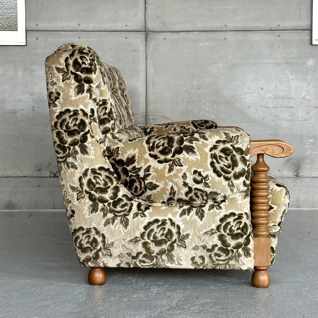 ✦昭和レトロ✦ 花柄モケット 3人掛けソファ 木製アンティーク調 応接ソファー