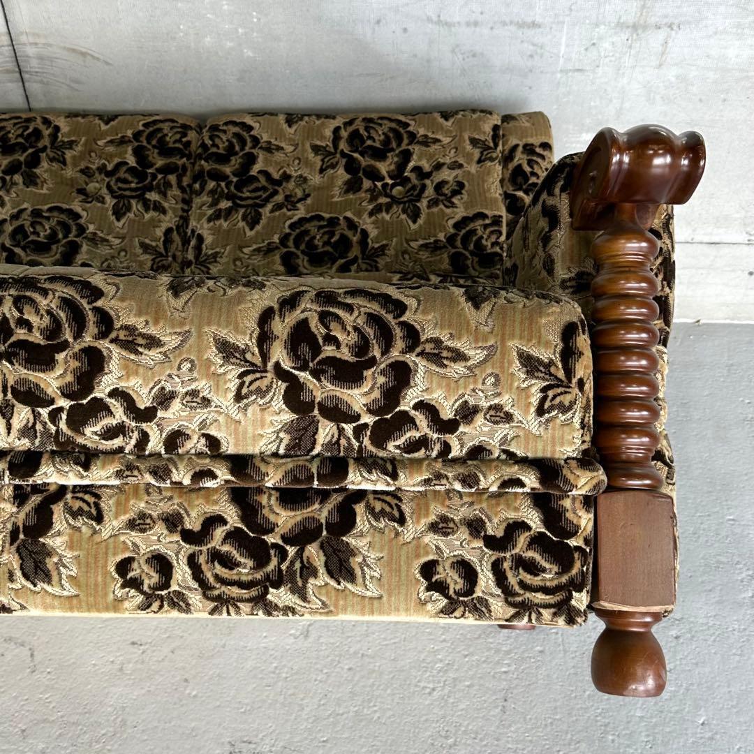 ✦昭和レトロ✦ 花柄モケット 3人掛けソファ 木製アンティーク調 応接ソファー