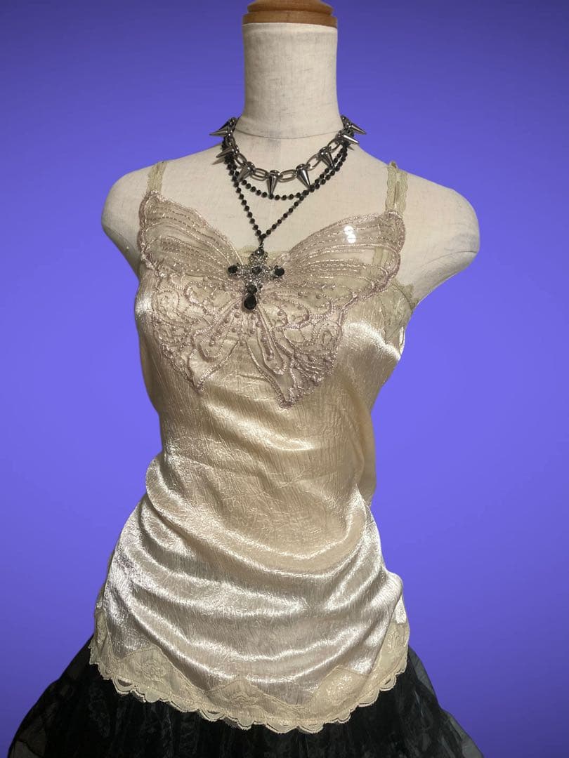 y2kビーズ刺繍キラキラ蝶々レースキャミ平成ギャル姫サテンフェアリーグランジ古着