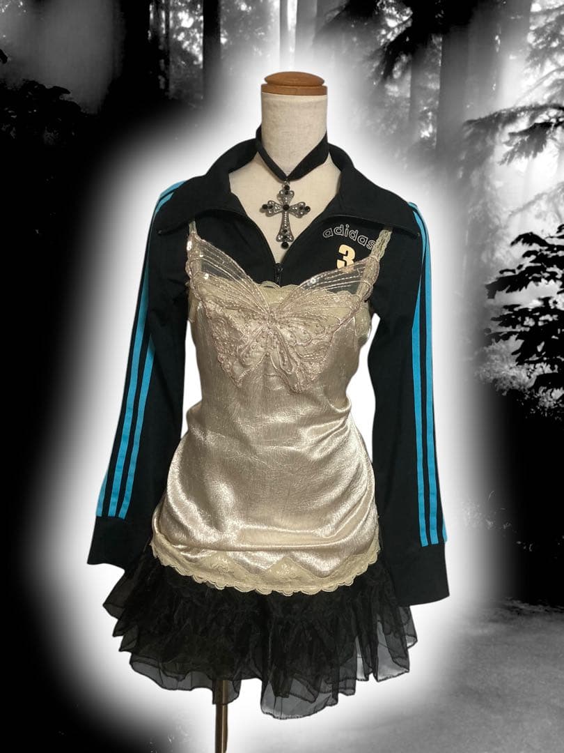 y2kビーズ刺繍キラキラ蝶々レースキャミ平成ギャル姫サテンフェアリーグランジ古着