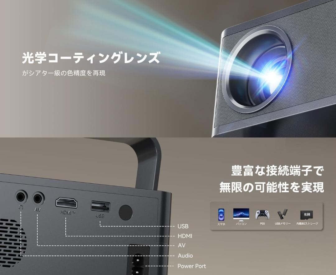 プロジェクター本体 ネイティブ1080P 4k対応 台形補正 小型軽量 天井