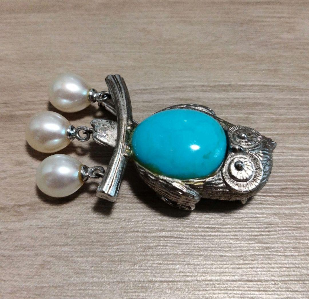 SILVER トルコ石 パール ふくろう ブローチ ペンダント