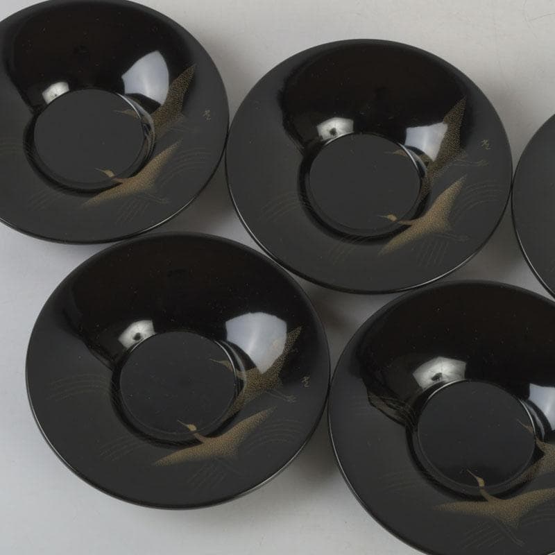 和食器　輪島塗　文化功労者　三谷吾一作　千羽鶴沈金　茶托　五客　共箱　V9771