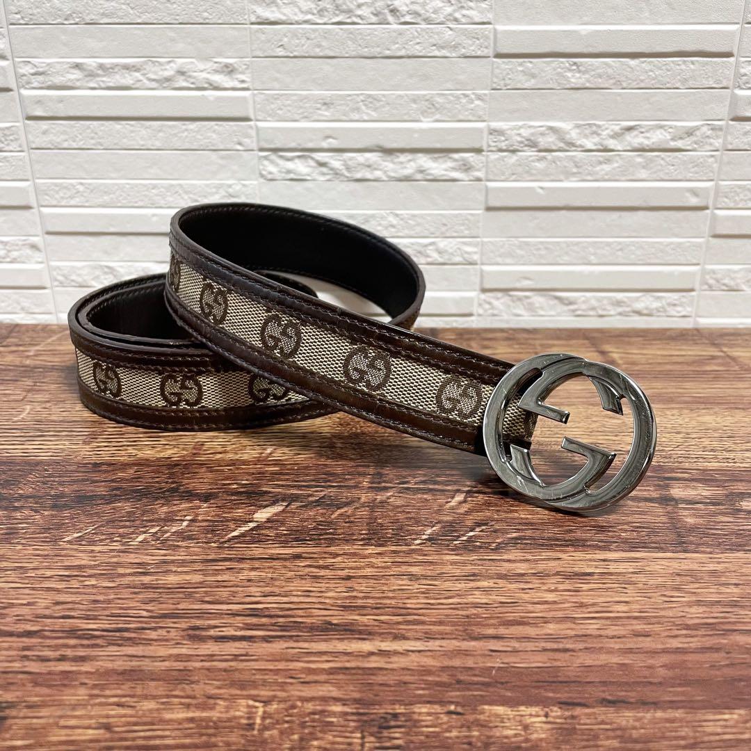 グッチ GG インターロッキング バックル キャンバス×レザー ベルト