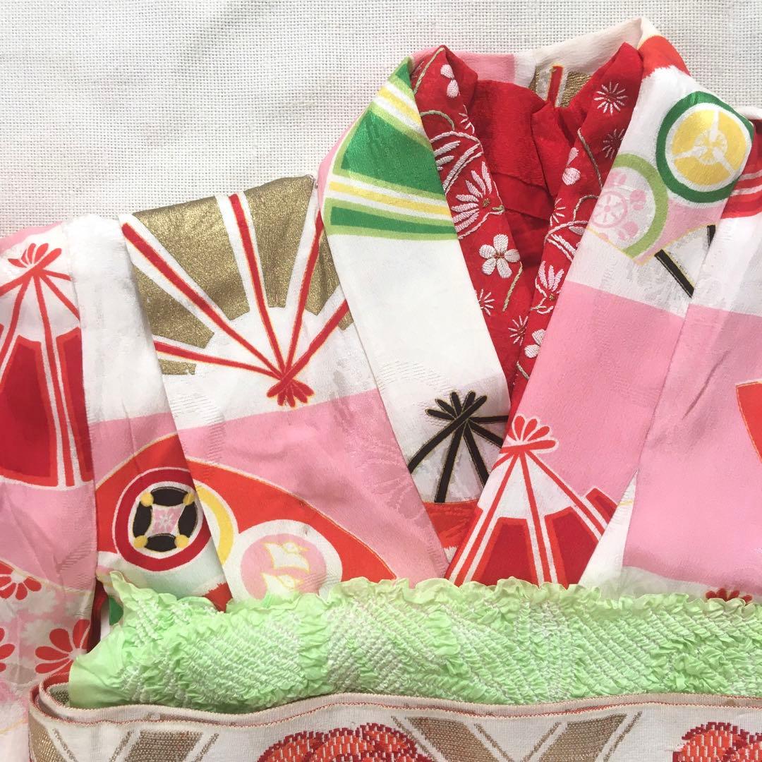 アンティーク着物　扇　古典　ピンク系　きもの帯他小物付き