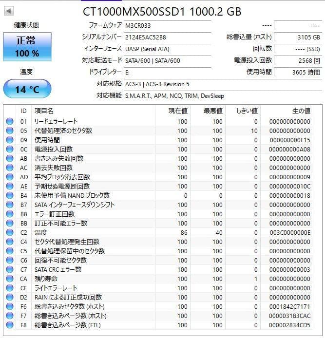 【中古】Crucial MX500 1000GB 2.5インチSSD