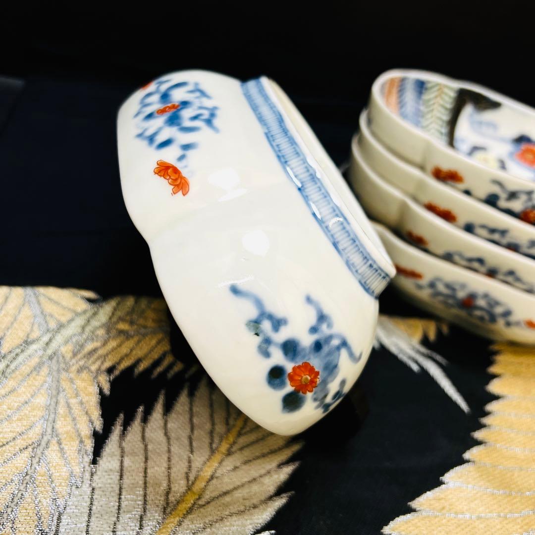 希少酒井田柿右衛門作　渦福角福銘　染錦水面花絵拓榴文　高台木瓜型皿　5枚本物保証