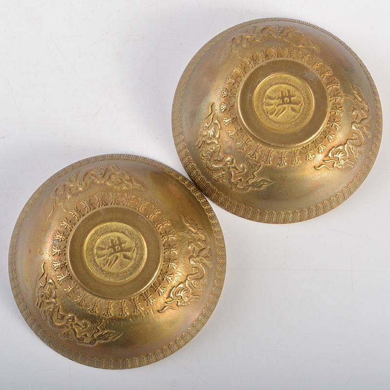 中国　古銅宣徳銅　洪字底款福禄寿禧　酒盃　一對　C　R7094E