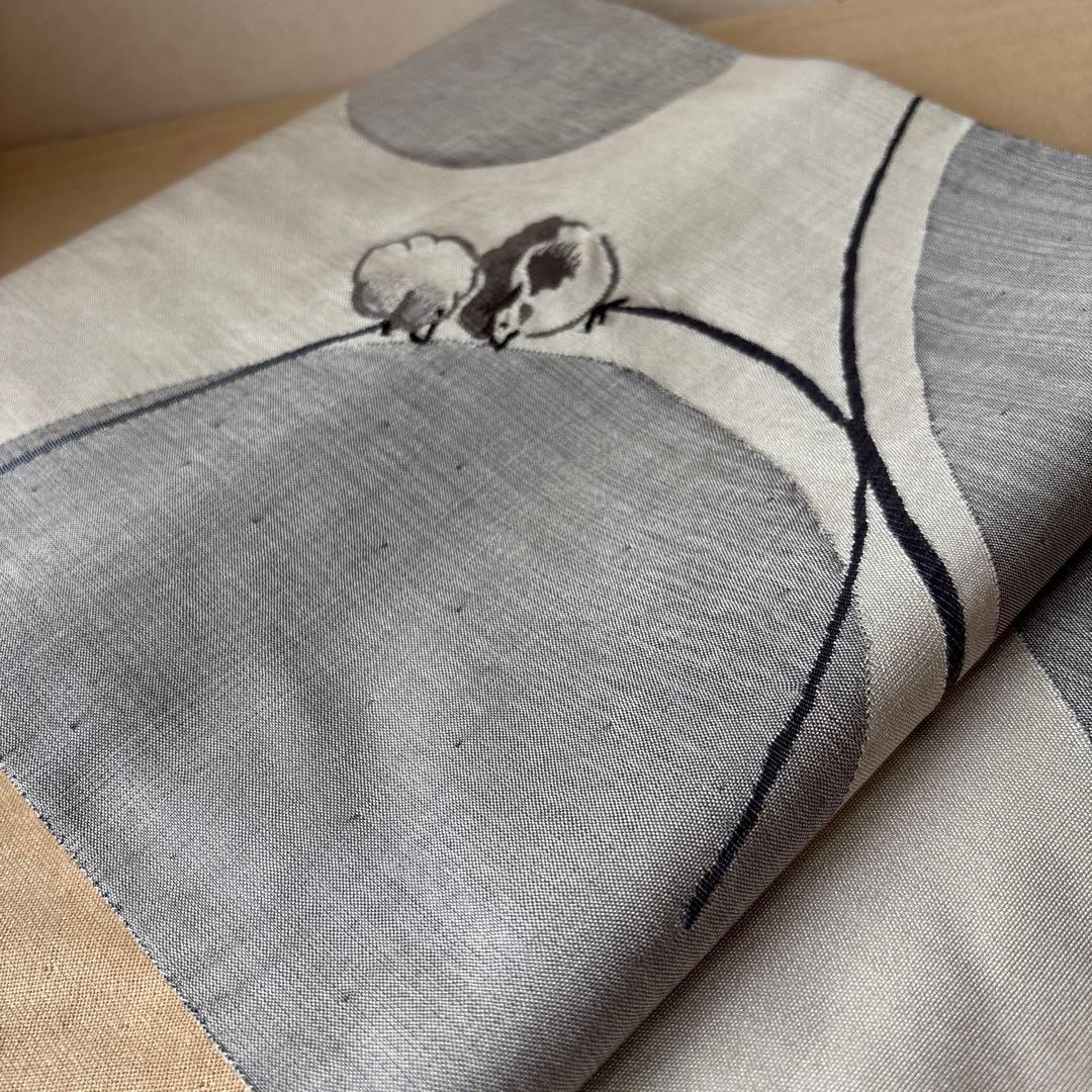 可愛いすずめ絵　織物のアート　紬袋帯　作家物