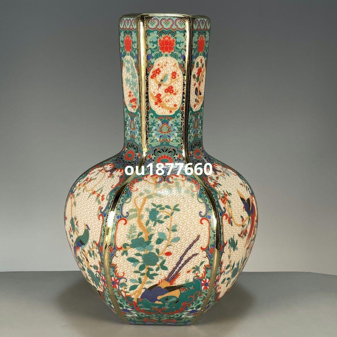 琺瑯彩六稜蒔金花鳥瓶 景徳鎮 陶磁器 装飾品 現代工芸品 美術品 置物