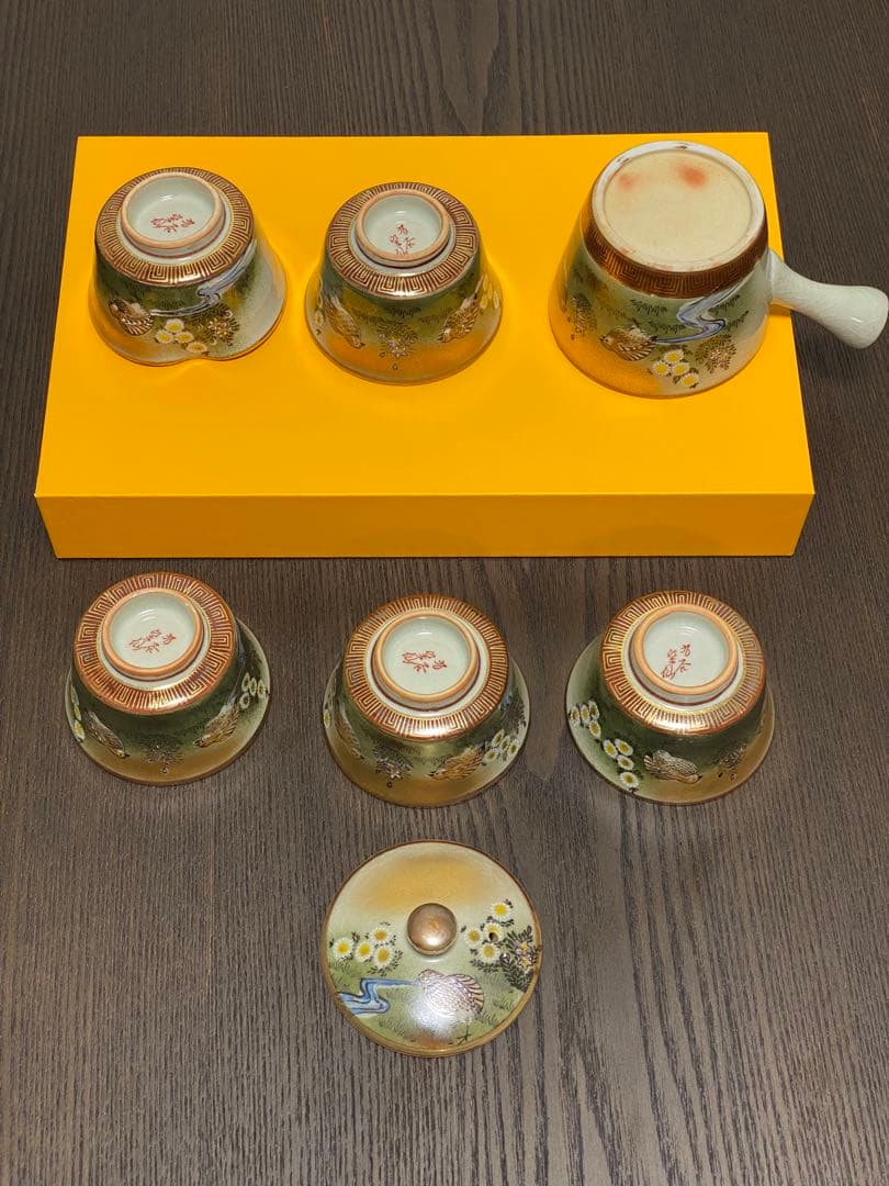 九谷焼 年代物　金彩うずら　煎茶茶器　明治〜大正　レトロ