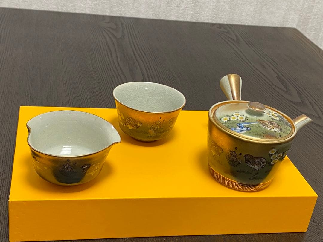 九谷焼 年代物　金彩うずら　煎茶茶器　明治〜大正　レトロ