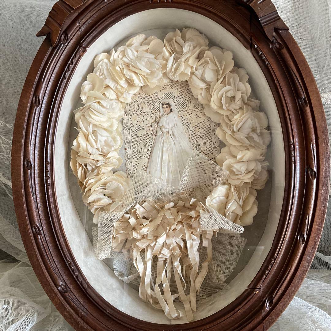 フランス　アンティーク　コミュニオン　布花　花冠　特大カニヴェ　リボン