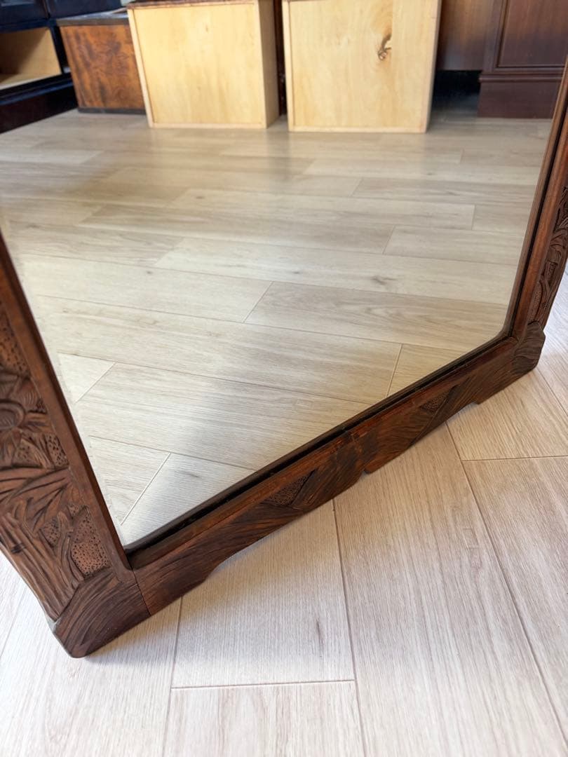 美品 軽井沢彫 軽井沢彫 鏡 姿見 スタンドミラー