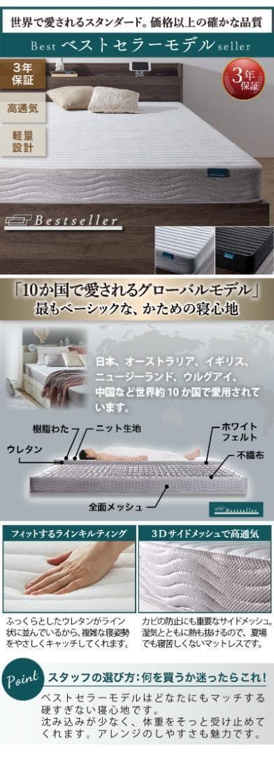 【Lea】匠モデルマットレス ダブルベッド 収納 棚 2口コンセント