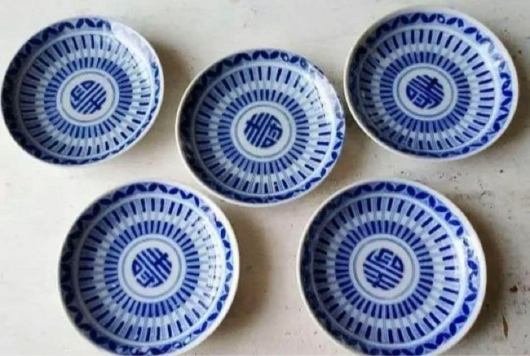 壽　皿　アンティーク　染付　古伊万里　印判　寿　なます皿　手塩皿　骨董皿　平戸焼