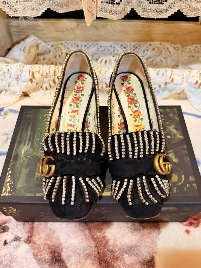 GUCCI パンプス GGマーモント ラインストーンスエード レザー黒