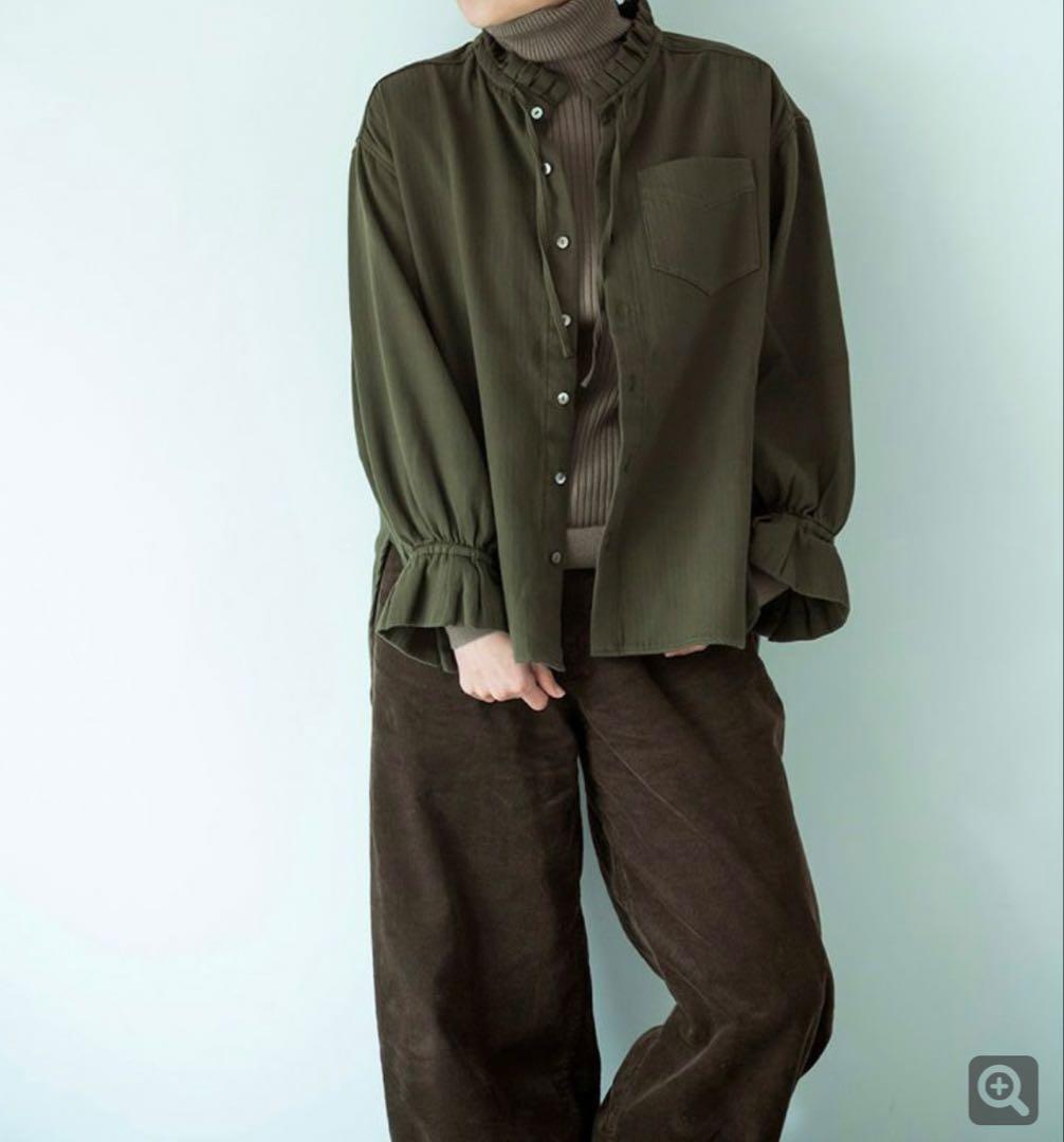 新品✨25年CLOTH&CROSS二重織コットンヘリンボーンフリルリボンブラウス