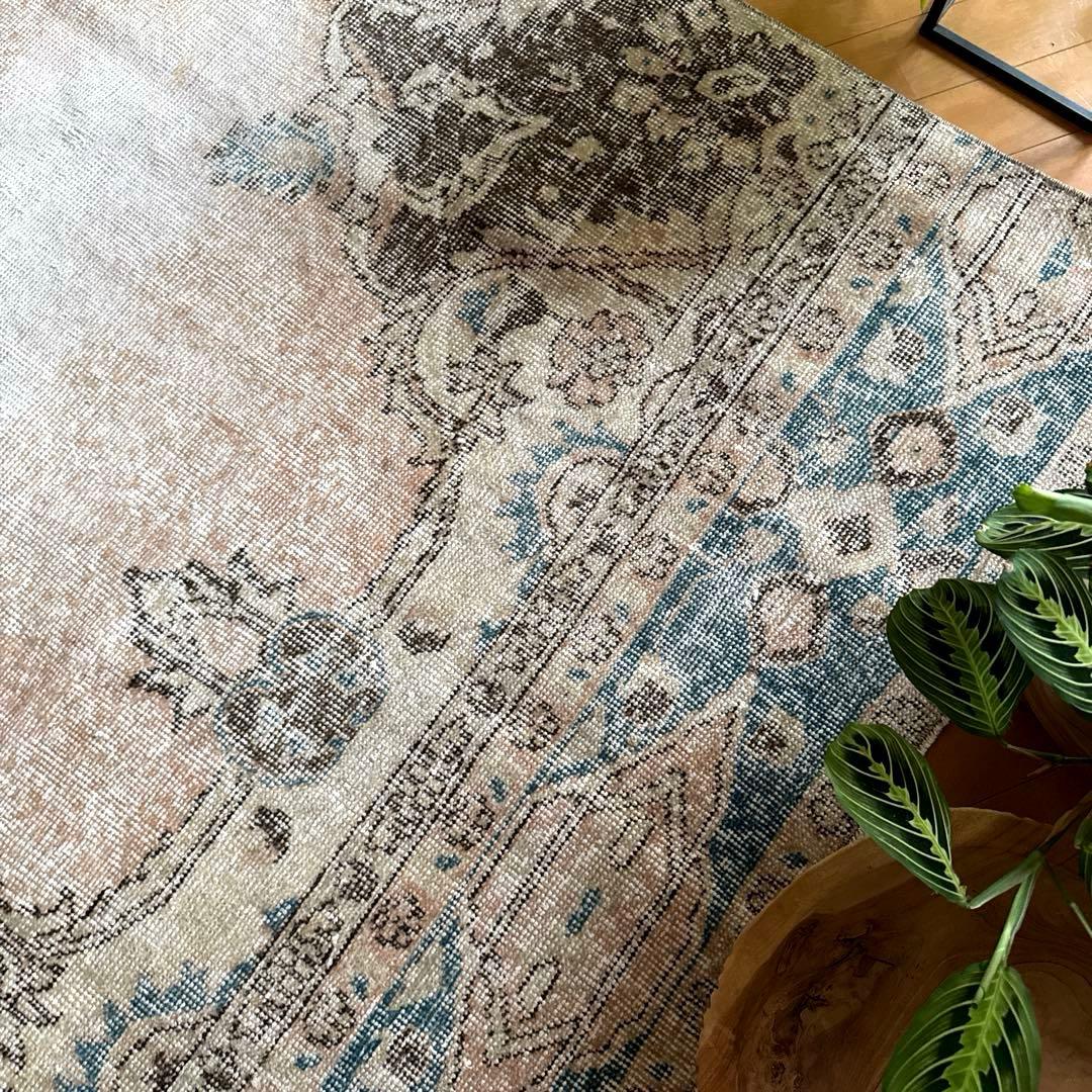 106×141 ターコイズブルー×ブラウン　淡いベージュ　トルコヴィンテージラグ