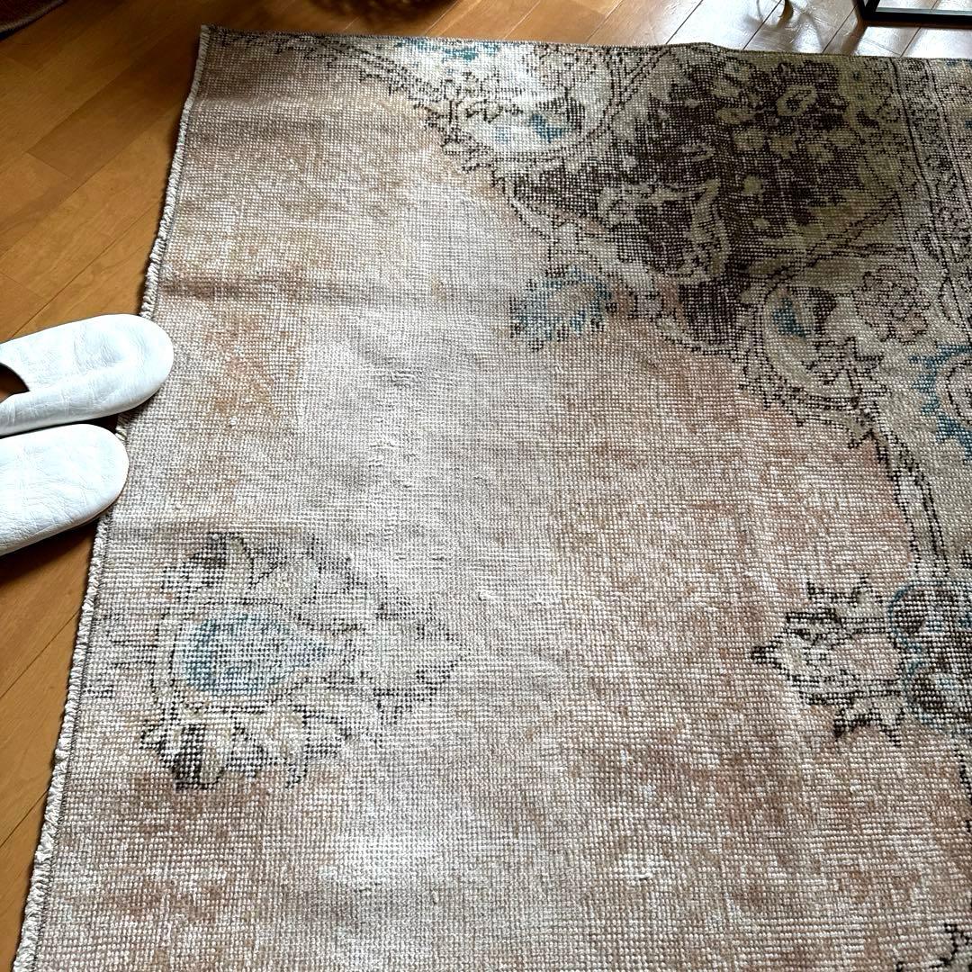 106×141 ターコイズブルー×ブラウン　淡いベージュ　トルコヴィンテージラグ