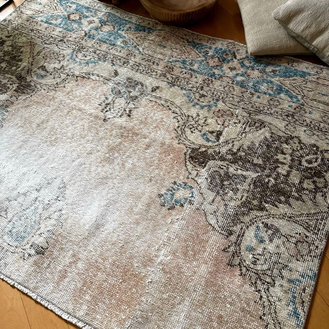 106×141 ターコイズブルー×ブラウン　淡いベージュ　トルコヴィンテージラグ