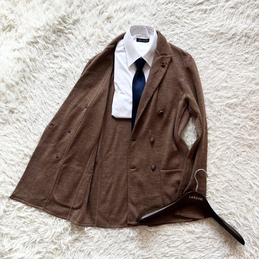 <美品>LARDINI ブラウン ダブル ウール ニットジャケット サイズＭ