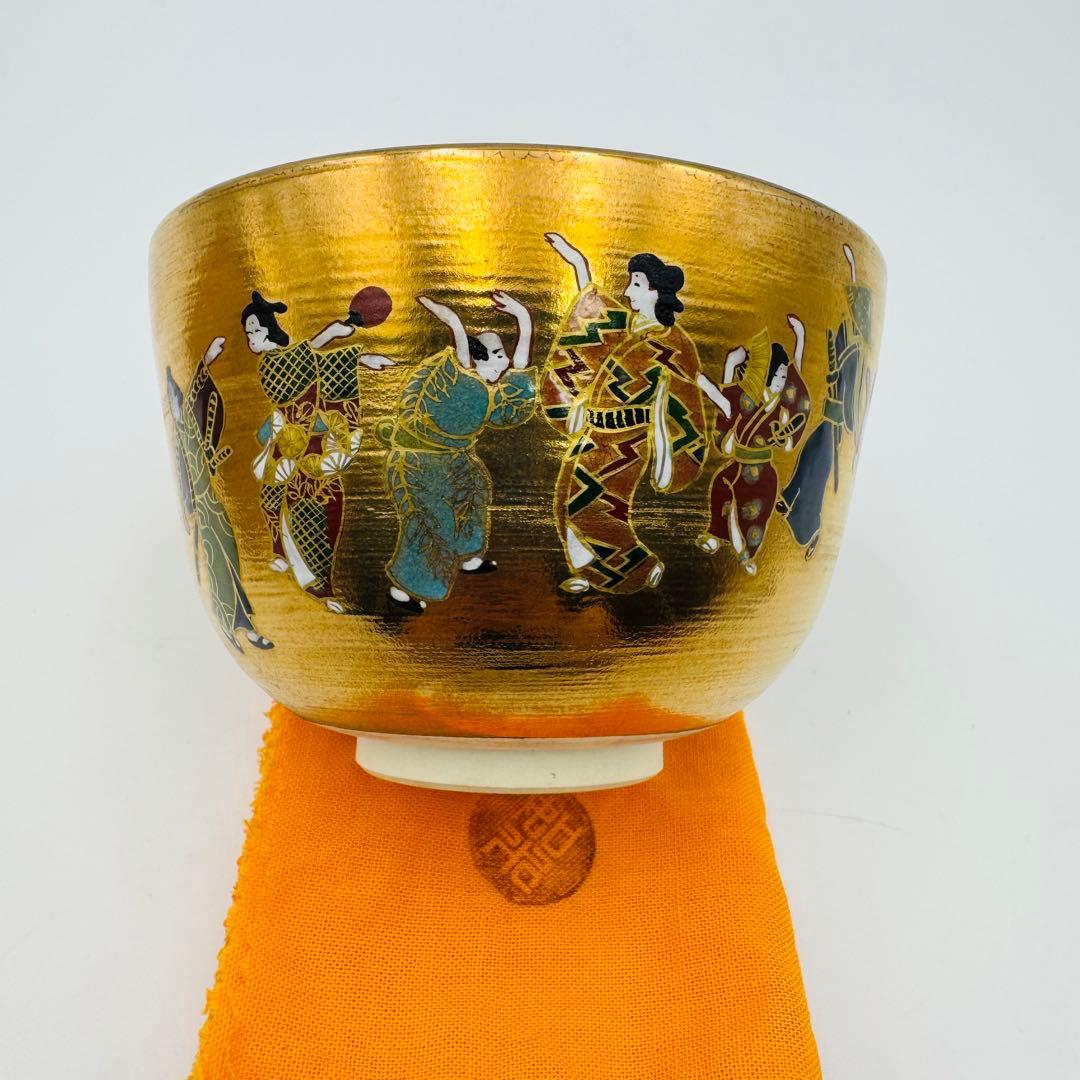 【京焼　加藤如水　琳派金地元禄舞図　金蘭茶碗　共箱】茶道具　骨董　アンティーク