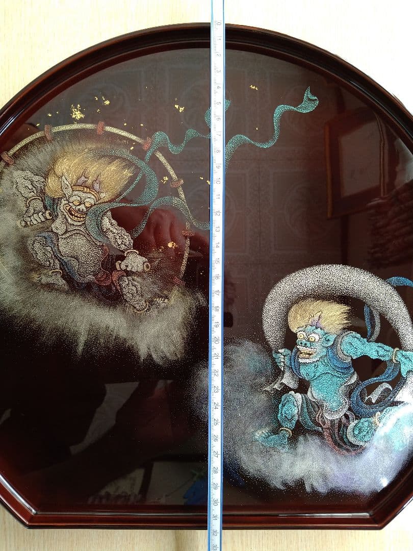 輪島塗沈金「風神雷神」半月盆
