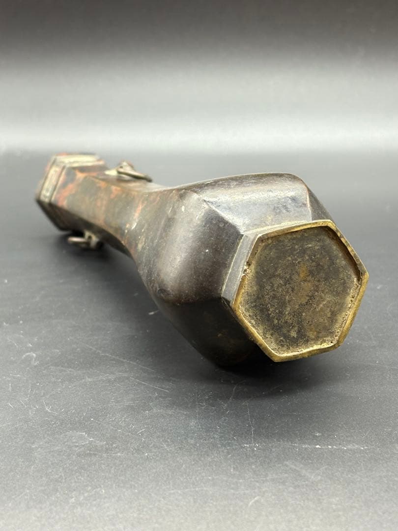 銅製 六角双耳飾花器 手彫唐木花台付 /金属工芸 唐銅 斑紫銅 花入 花瓶