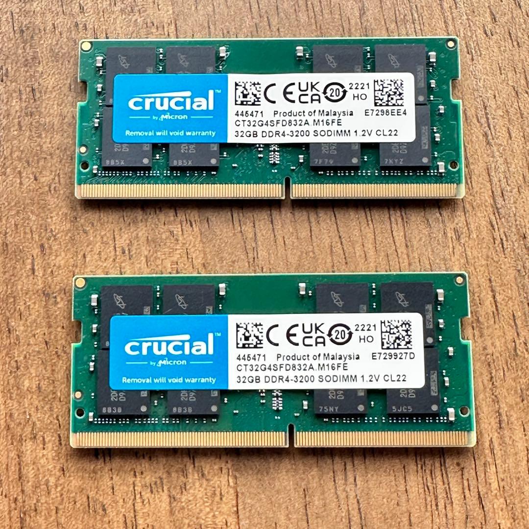 Crucial 64GB(32x2) DDR4-3200 SODIMM メモリー