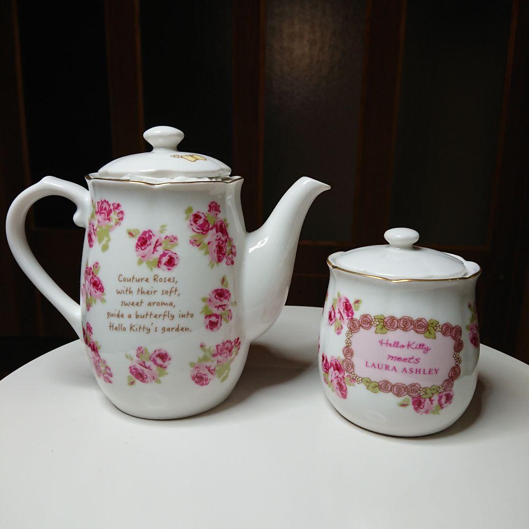 ティーセット バラ ホワイト 5点 ハローキティ × ローラアシュレイ 金彩劣化